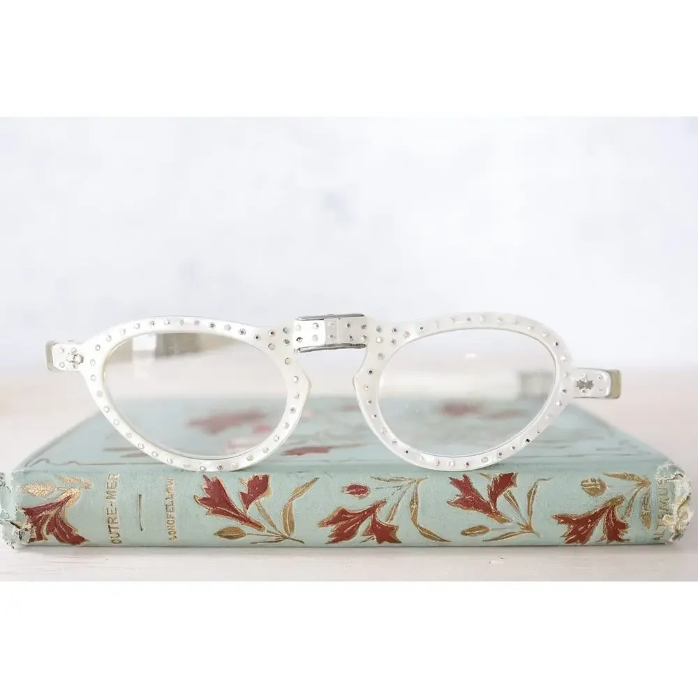 VTG Folding Cat Eye Eyeglasses Rhinestones Mother of Pearl France PARTS REPAIR